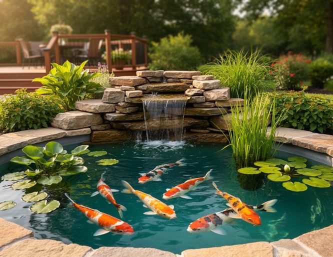 Renovated backyard koi pond with cascading stone waterfall, clear water, koi fish, and lush aquatic plants in warm golden hour light, with a softly blurred garden and deck in the background.