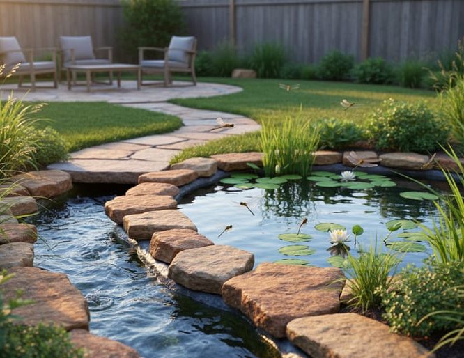 Eye-level wide view of an integrated backyard water feature: a meandering stream feeding a small pond bordered by local stone, native grasses, and lily pads with dragonflies above, lit by warm golden-hour sunlight, with a patio, curved stone path, and wooden fence receding behind.