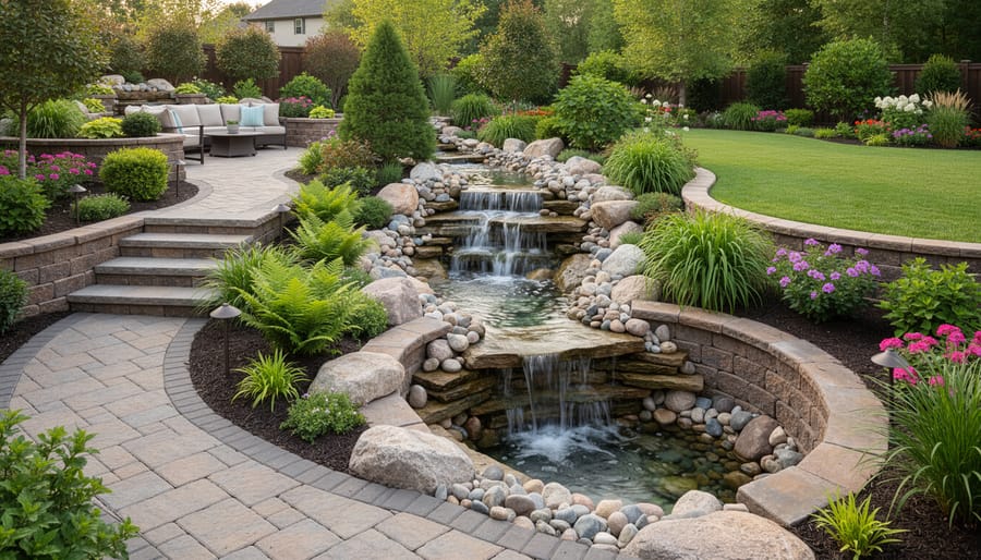 Integrated pondless waterfall surrounded by lush garden plantings and natural stone in backyard setting