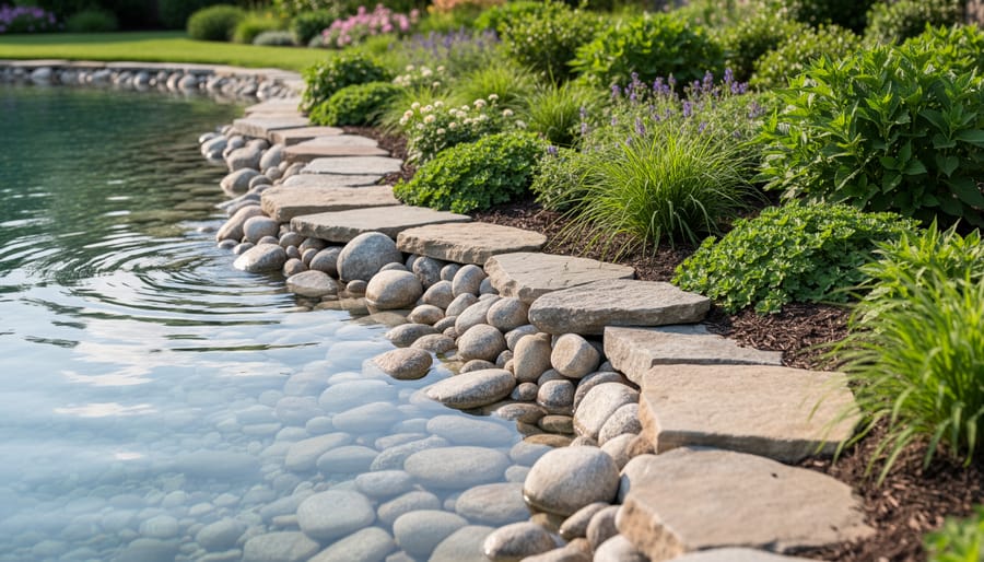 Close-up of natural stone edging with varied rocks and plants growing around pond edge