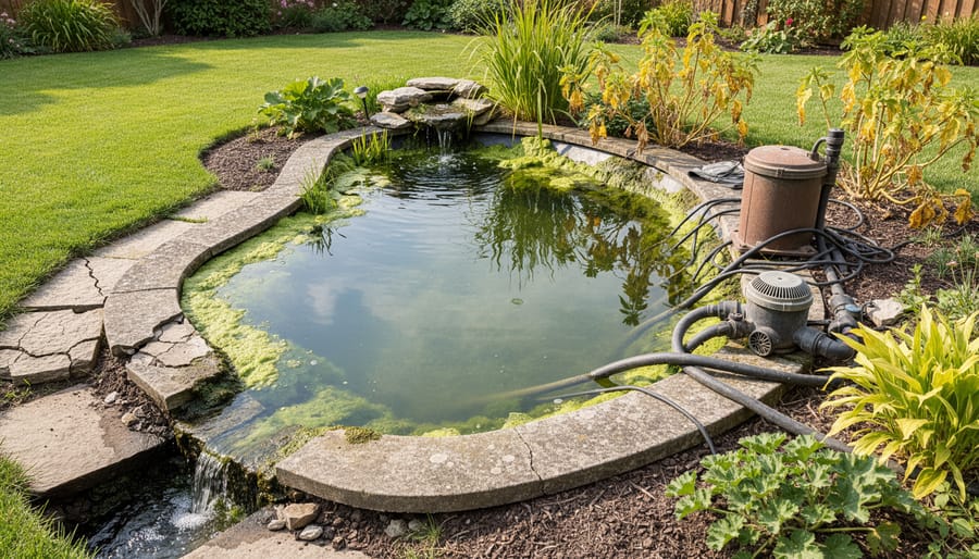Neglected backyard pond showing murky water, algae buildup, and deteriorated features