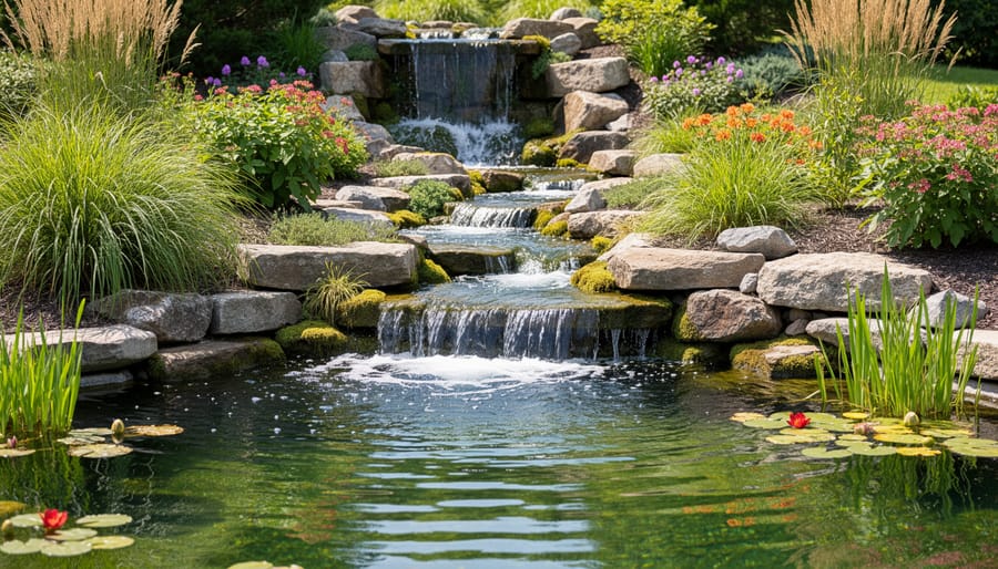 Beautiful multi-tiered stone waterfall flowing into clear pond with koi fish