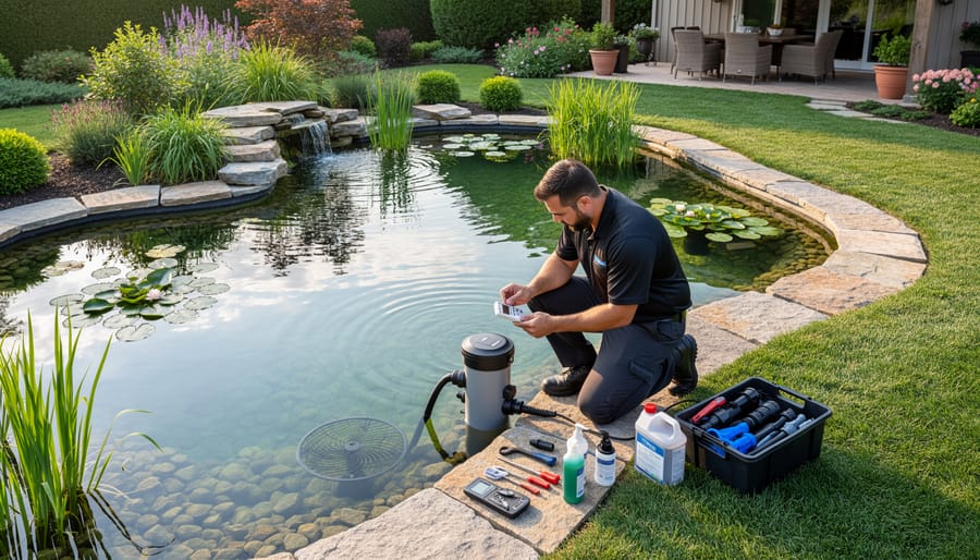 Professional pond specialist performing maintenance and water quality testing on residential pond
