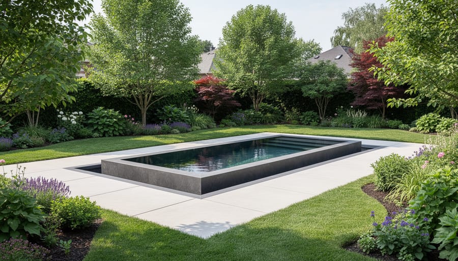 Poorly integrated backyard pond with uniform rock edging that looks disconnected from surrounding lawn