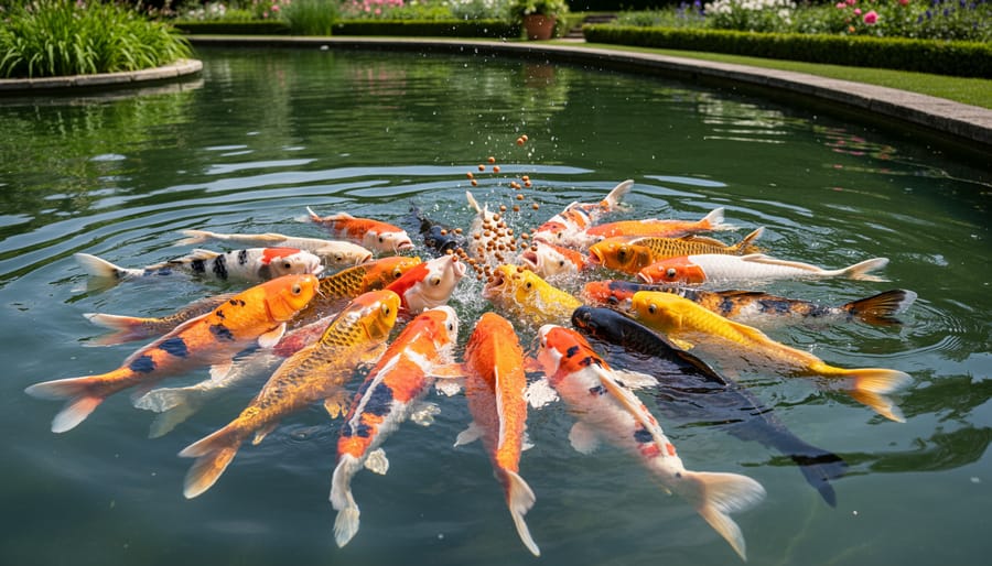 Hand feeding koi food pellets in a backyard pond at golden hour
