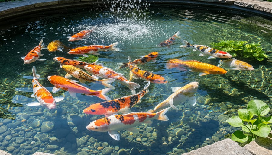 Clear-water backyard koi pond with two healthy koi swimming near the surface
