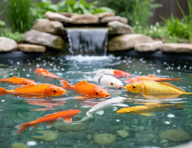 “Vibrant koi fish swimming in clear water of a well-maintained backyard pond with rocks, plants, and gentle filtration in the background.”