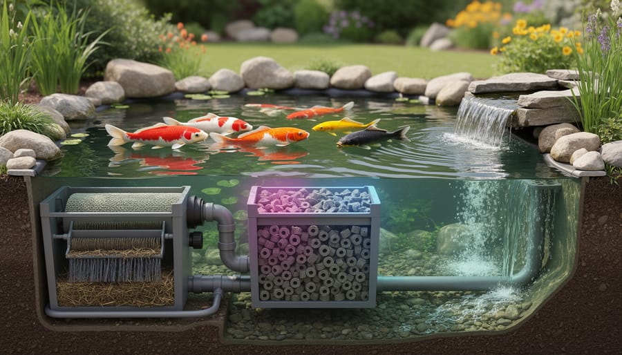 Koi pond filtration system with filter housing and flowing water pipes