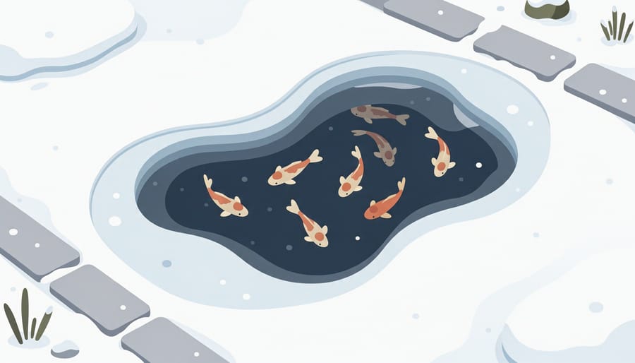 Winter koi pond with partially open ice and koi visible below
