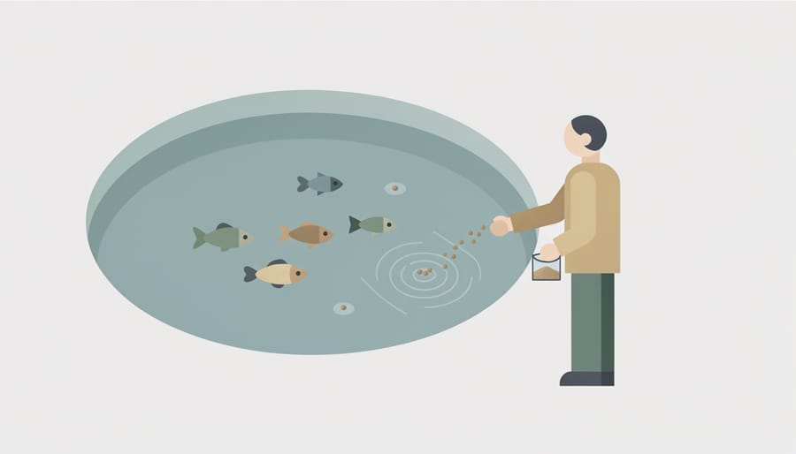 A person kneeling by a pond as a koi fish comes to the surface near the feeding area.