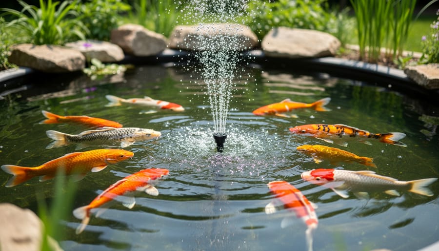 Close-up of a pond aeration diffuser producing bubbles beneath the water surface.