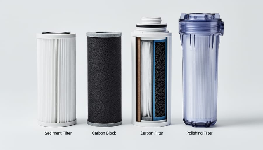 Close-up of whole-house filtration cartridges with visible sediment in a serviceable housing