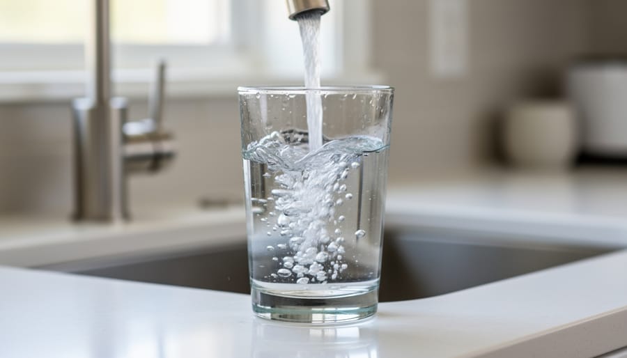 Glass being filled with clear water at a bathroom sink to suggest improved water quality