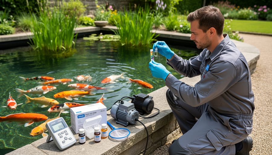 Gloved hands holding a pond water test vial above a koi pond with aeration equipment in the background.