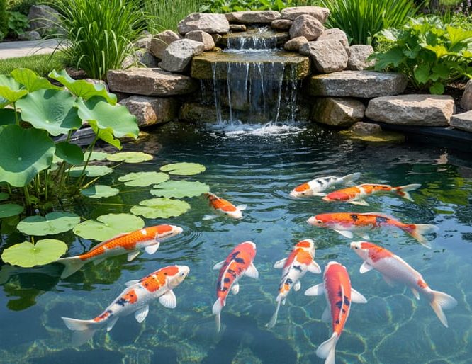 Healthy koi fish swimming in clear pond water near lily pads and a small waterfall, with pond rocks and greenery in the background.