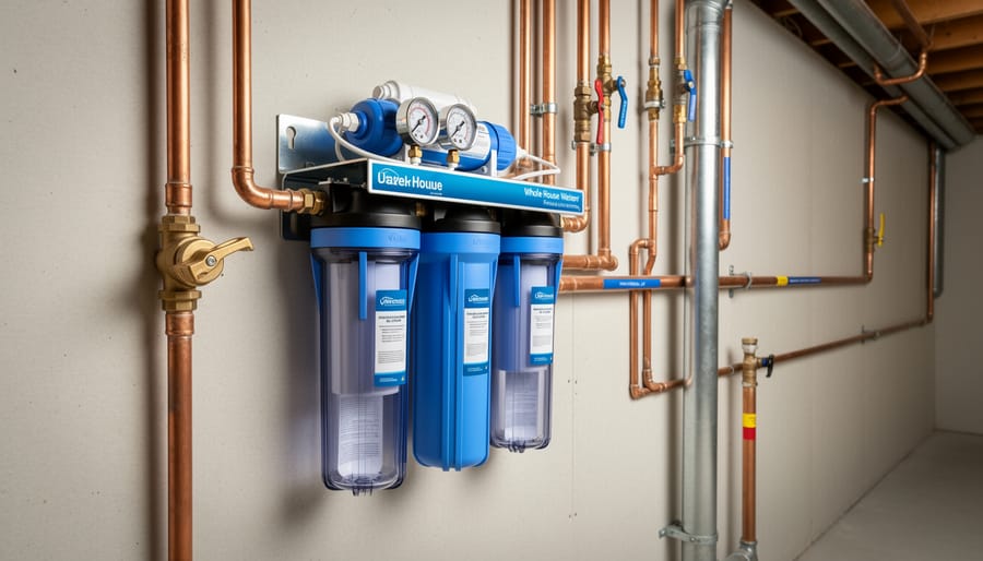 Homeowner’s hands turning a main water shut-off valve next to a whole-house water filtration system in a utility closet