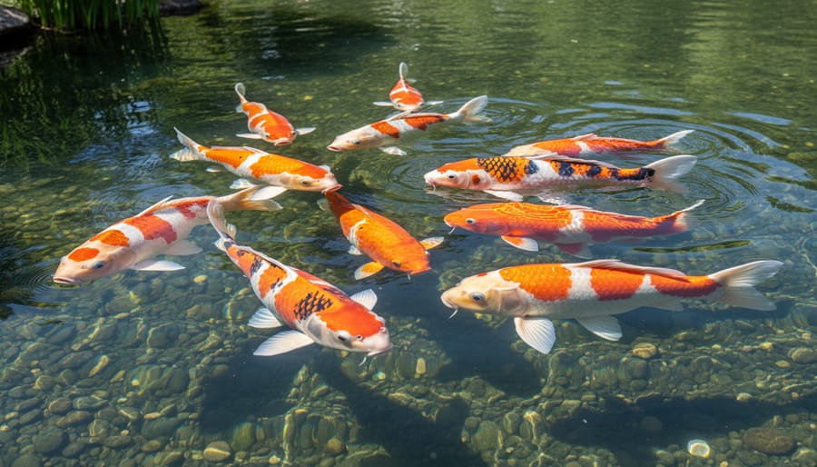 Koi fish swimming in a clear pond with lily pads and a small waterfall in the background.
