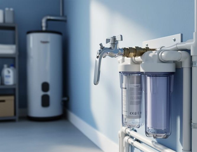 Whole house water filtration system installed near a home’s main water shut-off valve with visible filter housings in a modern utility room