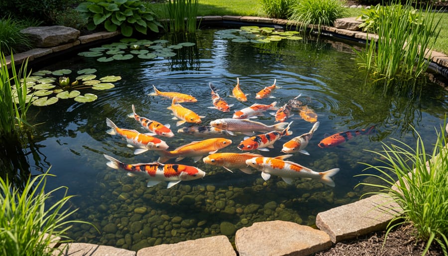 Japanese koi and goldfish swimming in a backyard pond with natural ripples and garden surroundings