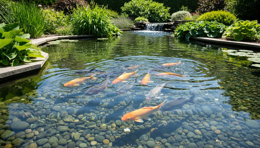 Clear backyard pond water showing healthy koi swimming beneath the surface