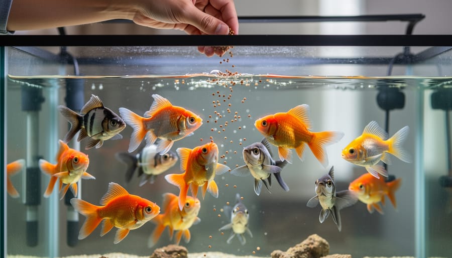 Hands feeding koi at the edge of a backyard pond while fish gather near the surface