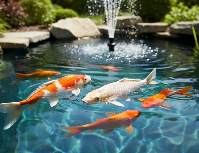 “Colorful Japanese koi and goldfish swimming in a clear backyard pond with sunlit ripples and surrounding garden landscaping.”