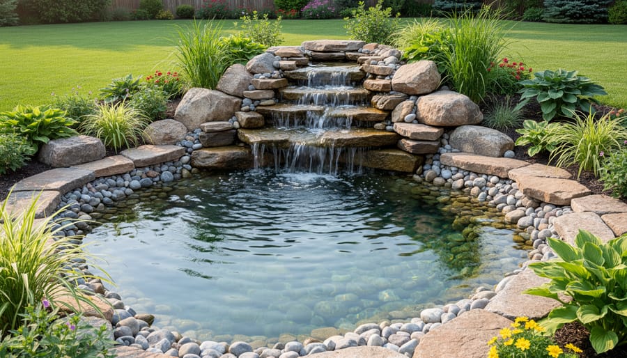 Finished backyard pond with a stone waterfall spilling into a basin