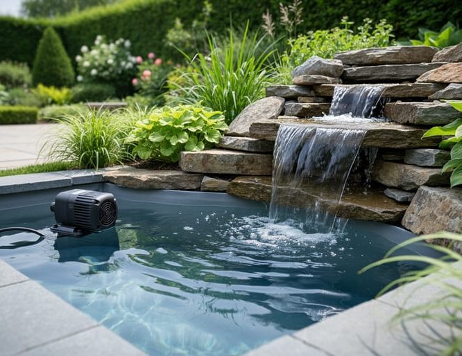 Backyard pond water feature with a small waterfall over natural rocks, clear water, and landscaped stone edging with a recirculating pump nearby.