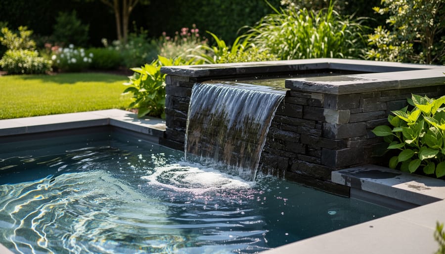 Close-up of clear water cascading over stones in a backyard pond