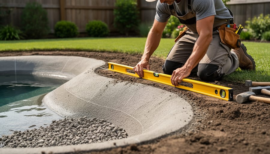 Homeowner using a level and shovel on soil at an excavated pond location
